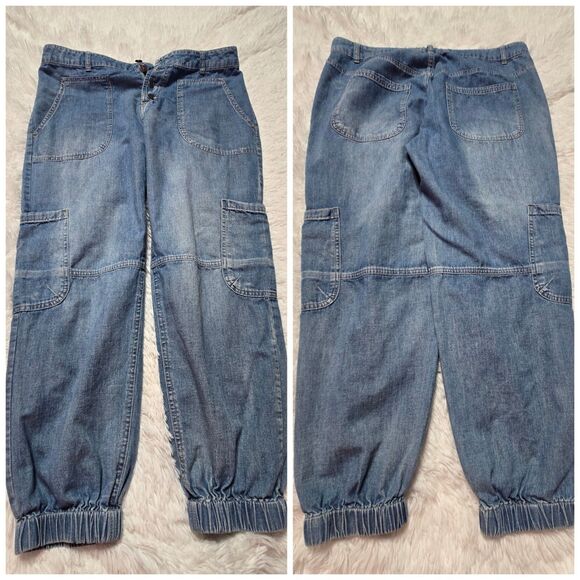 Sundance Jolienne Denim Button Up Cotton Cargo Joggers Jeans Size 8 Petite 32x25 - Picture 1 of 14